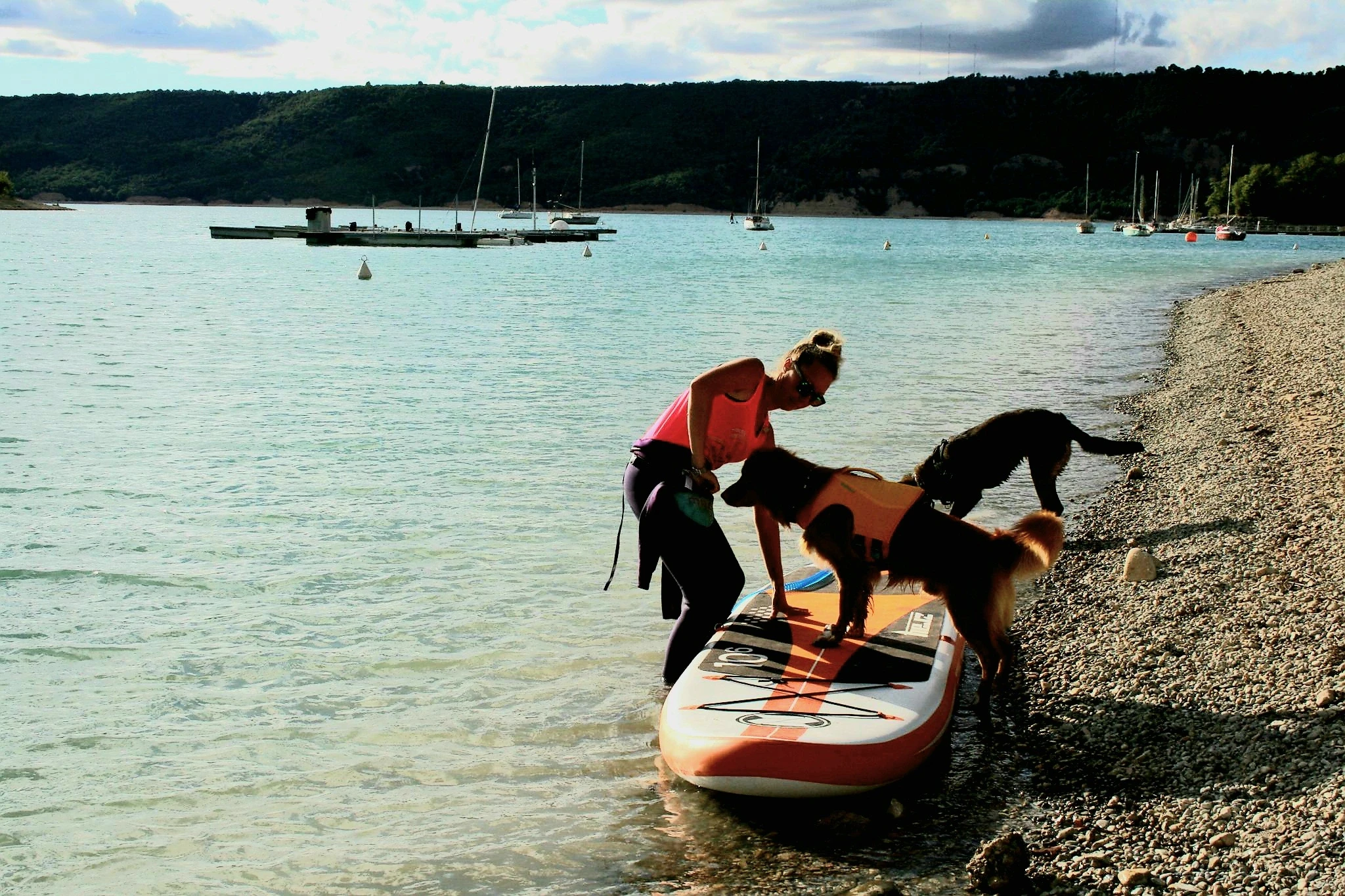 Vanessa et deux chiens autour d'un paddle au bord de l'eau